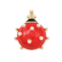 Настоящее золото 18K Латунь эмаль подвески, с пластмассовой жемчужиной abs, божья коровка прелести, без свинца и без кадмия, долговечный, стойки покрытие, реальный 18 k позолоченный, 33x31.5x11.5 мм, отверстие : 5x3.5 мм