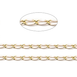 White Brass Enamel Curb Chains, Soldered, with Spools, Real 18K Gold Plated, White, 7x3x1.7mm