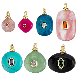 Real 18K Gold Plated 7Pcs 7 Styles Natural & Synthetic Mixed Gemstone Pendants, Mixed Shapes, with Brass Micro Pave Cubic Zirconia Findings, Cadmium Free & Lead Free, Rack Plating, Mixed Dyed and Undyed, Real 18K Gold Plated, 15~30x10~18x5~7.5mm, Hole: 2.5mm, 1pc/style