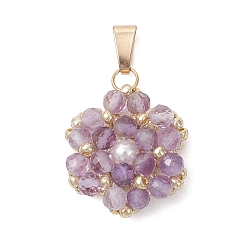 Аметист Натуральные аметисты, ограненные в форме круглых цветочных гроздей, подвески., подвески из бисера со стеклянными бусинками и застежками из нержавеющей стали, золотые, 304 мм, отверстие : 21x16x5.5 мм