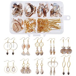Golden DIY Shell Themed Earring Making Kits, Including Electroplate Shell & Acrylic Pendants, Brass Linking Rings & Earring Hooks, Alloy Links and Glass Pearl Beads, Golden & Light Gold