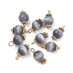 Настоящее золото 18K Круглые подвески кошачий глаз, с латунной фурнитурой , без кадмия и без свинца, стойки покрытие, долговечный, серые, реальный 18 k позолоченный, 12x6 мм, отверстие : 1.5 мм