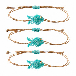 Turquoise Ocean Adjustable Braided Wax Cord Fish Link Bracelet Sets with Brass Beads for Women, Adjustable Stackable Bracelets, Golden, Turquoise, 11.02 inch(28cm), 3pcs/set