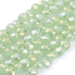 Light Green Electroplate Glass Beads Strands, Faceted, Flat Round, Full Rainbow Plated, Light Green, 6x4mm, Hole: 1.2mm, about 100pcs/Strand, 23.23 inch(59cm)