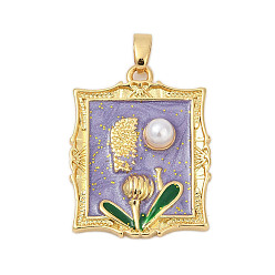 Лиловый Латунь эмаль подвески, с имитацией жемчуга, прямоугольник с подвесками в виде листьев, стойки покрытие, прочное покрытие, без кадмия и без свинца, сирень, 25x19.5x5.5 мм, отверстие : 4x3 мм