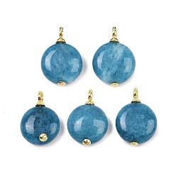 Темно-Голубой Крашеные натуральный белый нефрит подвески, плоские круглые подвески с латунной фурнитурой, реальный 18 k позолоченный, без кадмия и без свинца, стойки покрытие, долговечный, глубокое синее небо, 22x15x6 мм, отверстие : 3 мм
