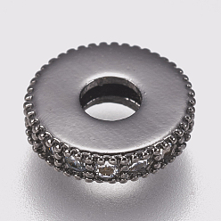 Gunmetal Brass Micro Pave Cubic Zirconia Bead Spacers, Flat Round, Clear, Gunmetal, 8x2mm, Hole: 3mm