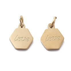 Настоящее золото 14K 304 прелести нержавеющей стали, с целью перехода в кольце, шестиугольник со словом любовь талисман, ионное покрытие (ip), реальный 14 k позолоченный, 6.5x5.5x1 мм, отверстие : 1.6 мм