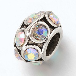 Crystal AB Rondelle Tibetan Style Alloy Rhinestone European Large Hole Beads, Crystal AB, 11x7mm, Hole: 4.5mm