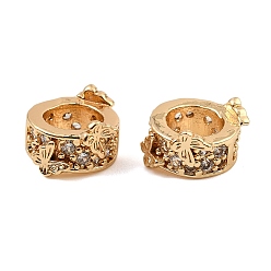 Настоящее золото 18K Латунь микропаве прозрачный кубический цирконий европейский бисер, бусины с большим отверстием, плоские круглые с бабочкой, реальный 18 k позолоченный, 9.5x5 мм, отверстие : 5.3 мм