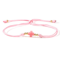 Pink Регулируемые браслеты с бусинами из латуни и акрила., украшения из волоконного шнура для женщин и мужчин, крестик, золотые, розовые, 11.02 дюйм (28 см)