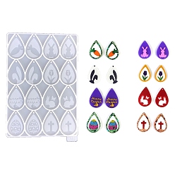 White Easter Teardrop with Rabbit/Carrot/Cross Pendant DIY Silhouette Silicone Molds, Resin Casting Molds, for UV Resin, Epoxy Resin Craft Making, White, 188x130x4mm, Hole: 2.7mm, Inner Diameter: 45x30mm