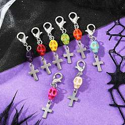 (52) Непрозрачная лаванда Украшения с подвесками в виде черепа из синтетической бирюзы, с застежками-лобстерами и 304 подвесками-крестиками из нержавеющей стали, разноцветные, 39.5 мм