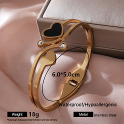 Heart 304 Stainless Steel Black Enamel Hinged Cuff Bangles with Crystal Rhinestone for Women, Golden, Heart, Inner Diameter: 2.36 inch(6cm)
