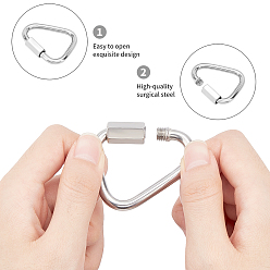 Stainless Steel Color Unicraftale Stainless Steel Screw Carabiner Lock Charms, Triangle, Stainless Steel Color, 37.5~48.5x30~40.5x3.5~5mm, Screw: 13~17.5x7.5~10x7~9mm, 6pcs/set