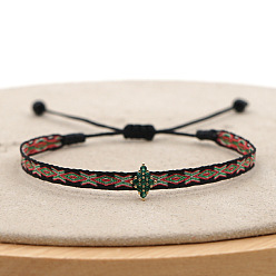 Colorido Pulseras vintage bohemias de cordón de algodón trenzado con cuentas de rombo de circonita cúbica verde micro pavé de latón., Pulseras ajustables hechas a mano de estilo étnico, dorado, colorido