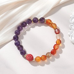 Смешанные камни Эластичные браслеты из круглых бусин из натурального сердолика и аметиста, украшения из киновари в форме цветка для женщин, с немагнитными бусинами из синтетического гематита и латуни, украшенными стразами., внутренний диаметр: 1.97 дюйм (5 см)