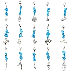 Синтетическая Бирюза 30 шт 15 стили океан тема сплав подвеска украшение, с синтетической бирюзовой крошкой и застежками-лобстерами из сплава, разнообразные, 50~67 мм, 2 шт / стиль