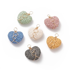 Mixed Color Natural Dyed Lava Rock Pendants, Heart Charm, with Golden Tone Copper Wire Wrapped, Mixed Color, 28x24x11mm, Hole: 3.5mm