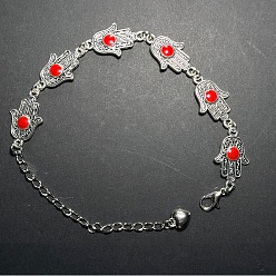 Red Vintage European Alloy Enamel Hamsa Hand Link Chain Bracelets for Women, Silver Color Plated, Red, 6.10 inch(15.5cm)