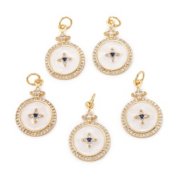 Real 18K Gold Plated Brass Micro Pave Cubic Zirconia Pendant, with Enamel, Long-Lasting Plated, Flat Round with Star, Real 18K Gold Plated, 21.5x14x2mm, Hole: 3.6mm