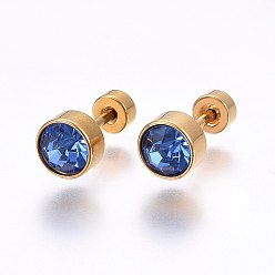 Mixed Color 304 Stainless Steel Earlobe Plugs, Screw Back Earrings, with Rhinestone, Flat Round, Golden, Mixed Color, 6x4mm, Pin: 1mm, 12pairs/bag