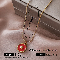 Red 304 Stainless Steel Enamel Flat Round with Star Pendant Necklaces for Women, Golden, Red, 15.75 inch(40cm)
