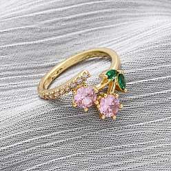 Pink Кольца для женщин с микропаве из латуни и кубическими цирконами, вишня, стойки покрытие, прочное покрытие, без кадмия и без свинца, реальный 18 k позолоченный, розовые, внутренний диаметр: 16.6 мм