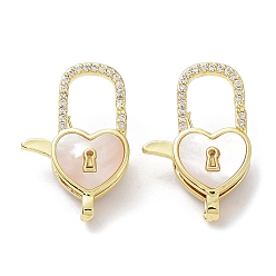 Lock Покрытие стойки латунь микро паве прозрачный кубический цирконий застежки-лобстеры, с естественной оболочке, без кадмия и без свинца, долговечный, реальный 18 k позолоченный, запирать, 25x16x6 мм, отверстие : 3x1.5 мм