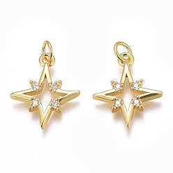 Настоящее золото 18K Латунные микропаве прозрачные подвески с фианитом, долговечный, звезда, реальный 18 k позолоченный, 15x12x2 мм, отверстие : 2 мм