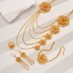Золотой Элегантный сплав цветочных браслетов и серег и ожерелий и колец комплект для женской свадебной вечеринки, золотые