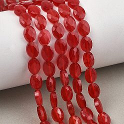 Red Natural Dyed White Jade Beads Strands, Faceted, Flat Oval, Red, 8x6x3.5mm, Hole: 0.5mm, about 46pcs/strand, 14.96''(38cm)