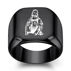 Черный Перстни-печатки из нержавеющей стали на религиозную тематику для мужчин, святой, чёрные, размер США 13 (22.2 мм)