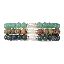 Смешанные камни 3Шт. браслеты из натуральных агатов, зеленого авантюрина и унакита, круглые бусины для женщин, с натуральным культивированным пресноводным жемчугом, внутренний диаметр: 2.03 дюйм (5.15 см)