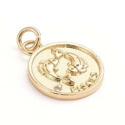 Рыбы Латунные микро проложить кубического циркония подвески, с целью перехода в кольце, плоские круглые с двенадцати созвездий, прозрачные, золотые, Рыбы, 18x14.5x1.5 мм, отверстие : 3 мм