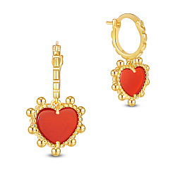 Red Brass Hoop Earrings, with Natural Carnelian, Heart, Real 18K Gold Plated, Red, 28mm