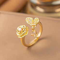 Flor Anillos abiertos de latón con micro pavé de circonita cúbica, dorado, flor, 15~20 mm