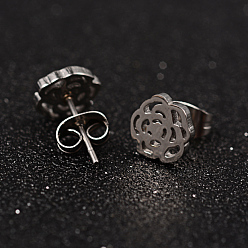 Нержавеющая Сталь Цвет Устойчивые к потускнению серьги-гвоздики в форме цветка розы из нержавеющей стали, гипоаллергенные серьги, цвет нержавеющей стали, 304 мм, штифты : 8x1.5 мм