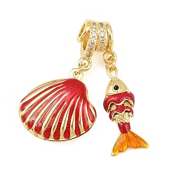 Red Brass Micro Pave Clear Cubic Zirconia Pendants, with Enamel, Shell Shape & Fish Charms, Rack Plating, Long-Lasting Plated, Lead Free & Cadmium Free, Real 18K Gold Plated, Red, 34mm, Hole: 3mm