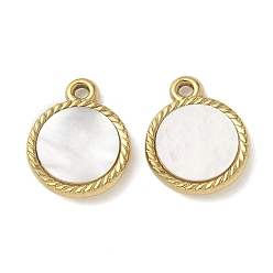 Настоящее золото 18K 304 подвески из натуральной белой ракушки из нержавеющей стали, плоские круглые прелести, ионное покрытие (ip), реальный 18 k позолоченный, 16x13x3 мм, отверстие : 1.5 мм