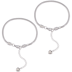 Нержавеющая Сталь Цвет 304 браслеты из европейской круглой змеи из нержавеющей стали, с когтя омара застежкой и сердца прелести, цвет нержавеющей стали, 200x3 мм, 2 шт / коробка