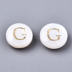 Letter G Natural Freshwater Shell Beads, with Golden Plated Brass Etched Metal Embellishments, Flat Round, Seashell Color, Letter.G, 8x3~5mm, Hole: 0.5~07mm
