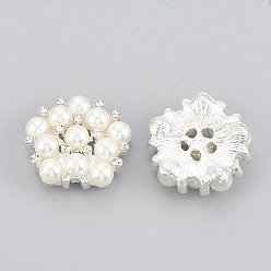 Silver Alloy Rhinestone Flat Back Cabochons, with ABS Plastic Imitation Pearl, Flower, Silver Color Plated, 21x21.5x7mm