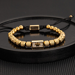 Rectangle 304 браслеты из плетеных бусин из нержавеющей стали с микропаве из кубического циркония, золотые, прямоугольные, 7-1/8 дюйм (18 см)