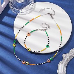 Mixed Color Resin Evil Eye & Glass Seed Beaded Jewelry Set, Beaded Necklaces & Bracelets, Green, Necklaces: 19~19-1/8 inch(48.2~48.5cm); Bracelets: 10-1/8~10-3/8 inch(25.7~26.5cm)