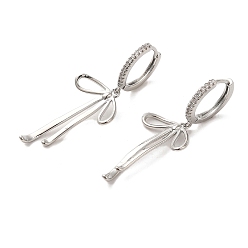 Платина Женские серьги-кольца из латуни с микро-паве и бантом из прозрачного циркония, платина, 47x20 мм