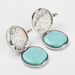 Синтетическая Бирюза Синтетические бирюзовые подвески, С выводами медальона из медных рассеивателей, плоские круглые с деревом, платина, 31x25x8 мм, отверстие : 4 мм