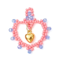 Pink Подвески в форме сердца из стеклянных бусин, с подвеской в виде сердца из золотого сплава, розовые, 31x29x4 мм, отверстие : 1.5x2 мм