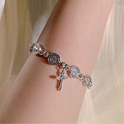 Античное Серебро Сплав шарм браслеты, эластичные браслеты из бусин для женщин и мужчин, Плоский круглый узор со святым Бенедиктом и крестом., античное серебро, 7.09 дюйм (18 см)