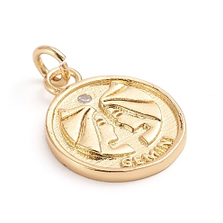 Близнецы Латунные микро проложить кубического циркония подвески, с целью перехода в кольце, плоские круглые с двенадцати созвездий, прозрачные, золотые, Близнецы, 18x14.5x1.5 мм, отверстие : 3 мм